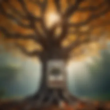 An artistic representation of a tree intertwined with tarot symbols