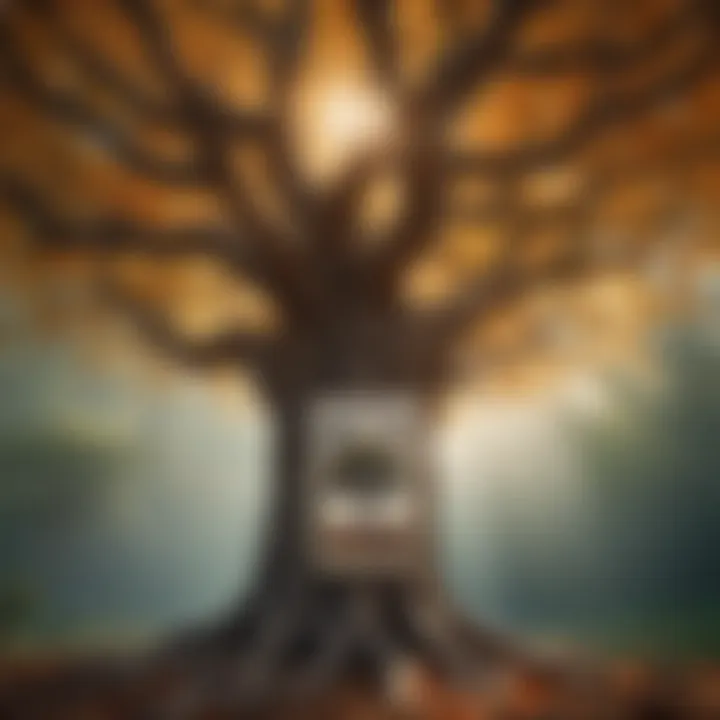An artistic representation of a tree intertwined with tarot symbols