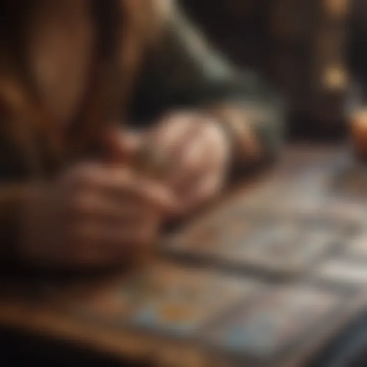 A person contemplating their tarot card spread in a serene environment
