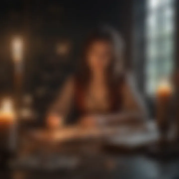 An ethereal scene showing a person engaging in a tarot reading, surrounded by candles and crystals.