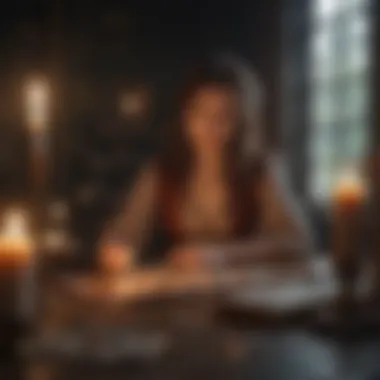 Tarot Reading Session An ethereal scene showing a person engaging in a tarot reading, surrounded by candles and crystals.