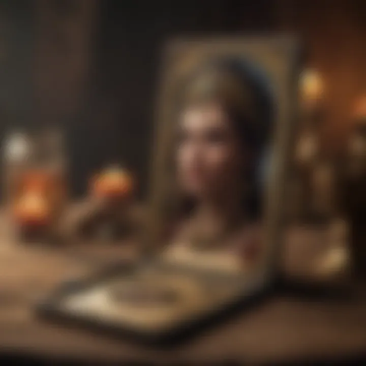 A digital device displaying tarot reading results with mystical elements surrounding it