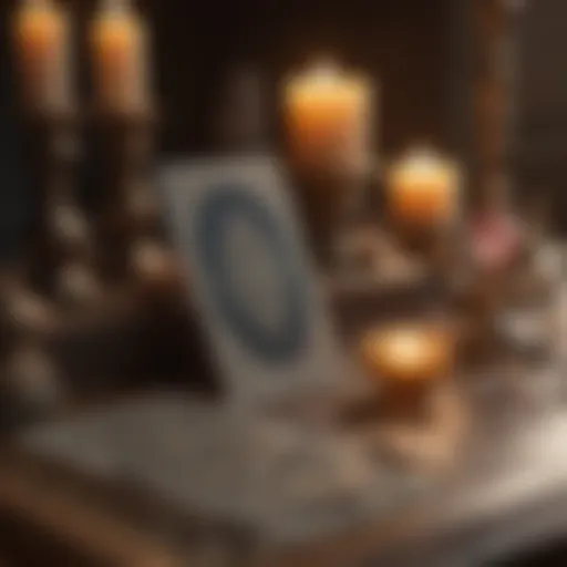 A serene setup showing tarot cards spread on a table with candles and crystals