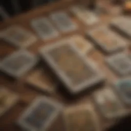 A close-up view of Tarot cards spread out on a wooden table, showcasing intricate designs and symbolism.