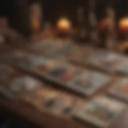 A detailed tarot spread on a wooden table, showcasing various cards