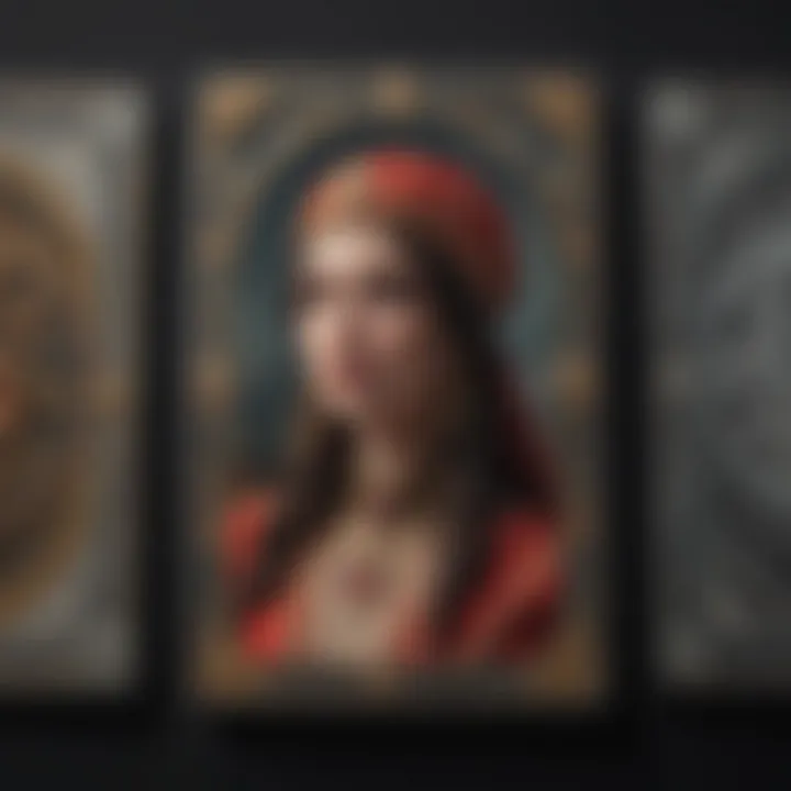 Close-up of intricate tarot cards showcasing unique illustrations
