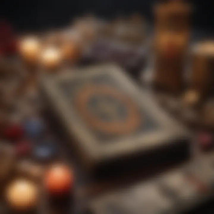 A vintage tarot deck surrounded by crystals and candles