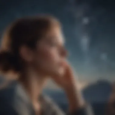 A person contemplating under a starry night sky with zodiac constellations visible.