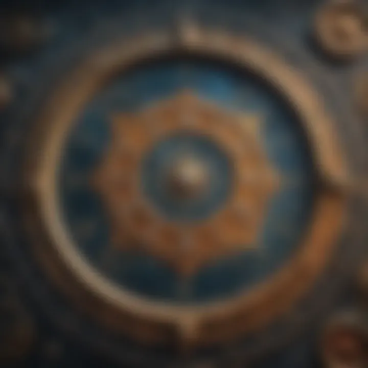An intricate design of zodiac symbols surrounding a celestial map.