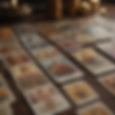 Close-up of a tarot spread showcasing various cards