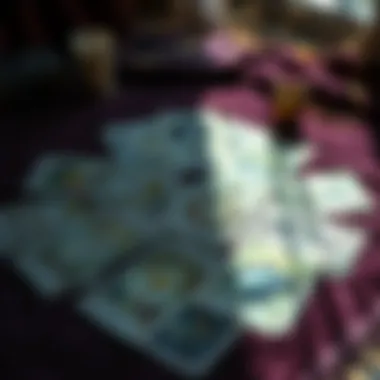 An intricate tarot card spread on a velvet cloth.