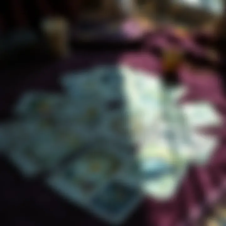 An intricate tarot card spread on a velvet cloth.