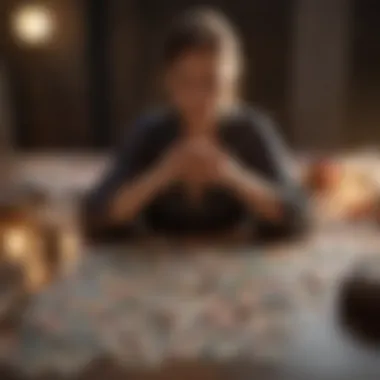 Meditation with Fortune Cards An individual meditating with fortune cards spread out, symbolizing self-reflection.