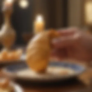 A hand holding a fortune cookie with a blurred background of a festive table.