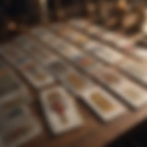 A detailed view of tarot cards spread on a table