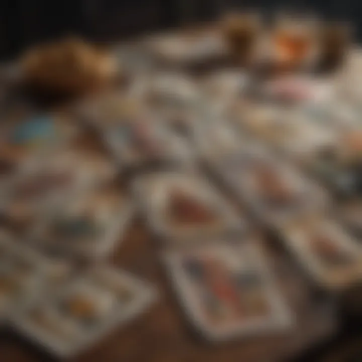 An artistic arrangement of tarot cards laid out in a traditional spread