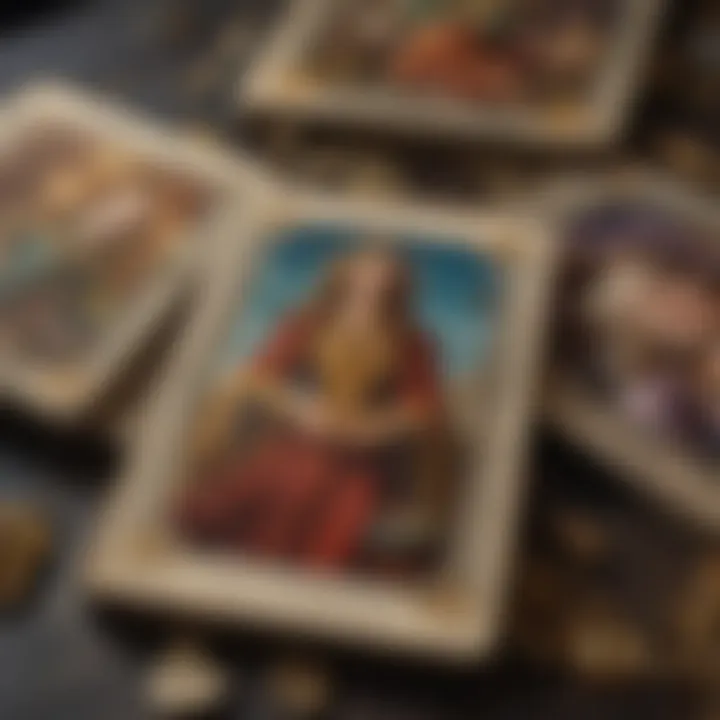 A close-up of various tarot cards indicating different interpretations and meanings