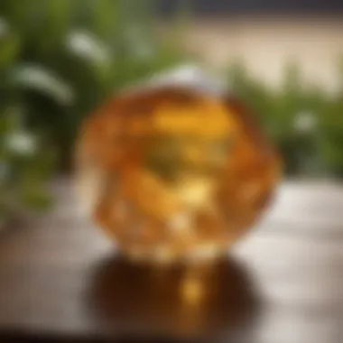Citrine Crystal in Nature A serene setting with a citrine crystal placed on a wooden surface