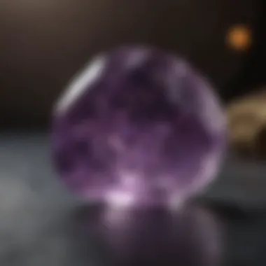 A close-up of a polished amethyst stone reflecting light