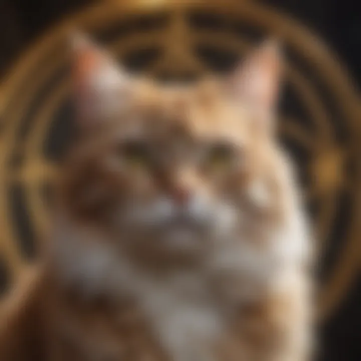 An abstract representation of a cat intertwined with spiritual symbols