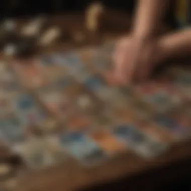 A vibrant display of various tarot decks arranged on a wooden table.